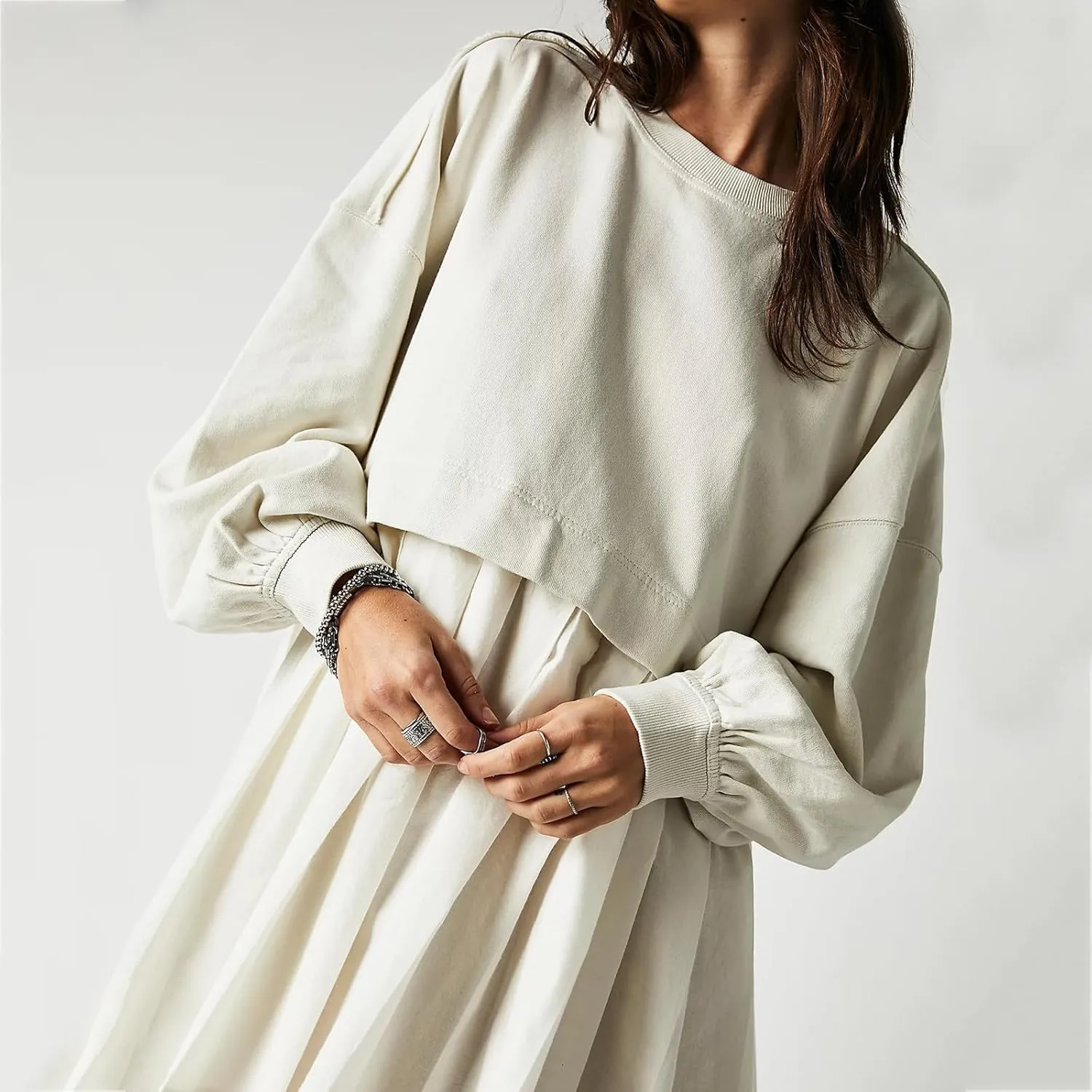 Women Oversized Sweatshirts Dress Long Sleeve Crewneck Patchwork Pleated Pullover Top Mini Dress Fall Outfits 2024