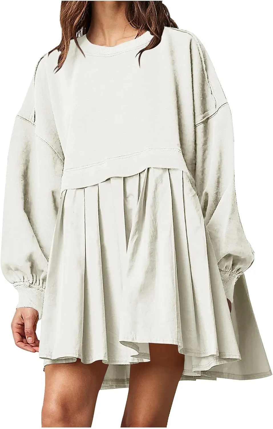 Women Oversized Sweatshirts Dress Long Sleeve Crewneck Patchwork Pleated Pullover Top Mini Dress Fall Outfits 2024
