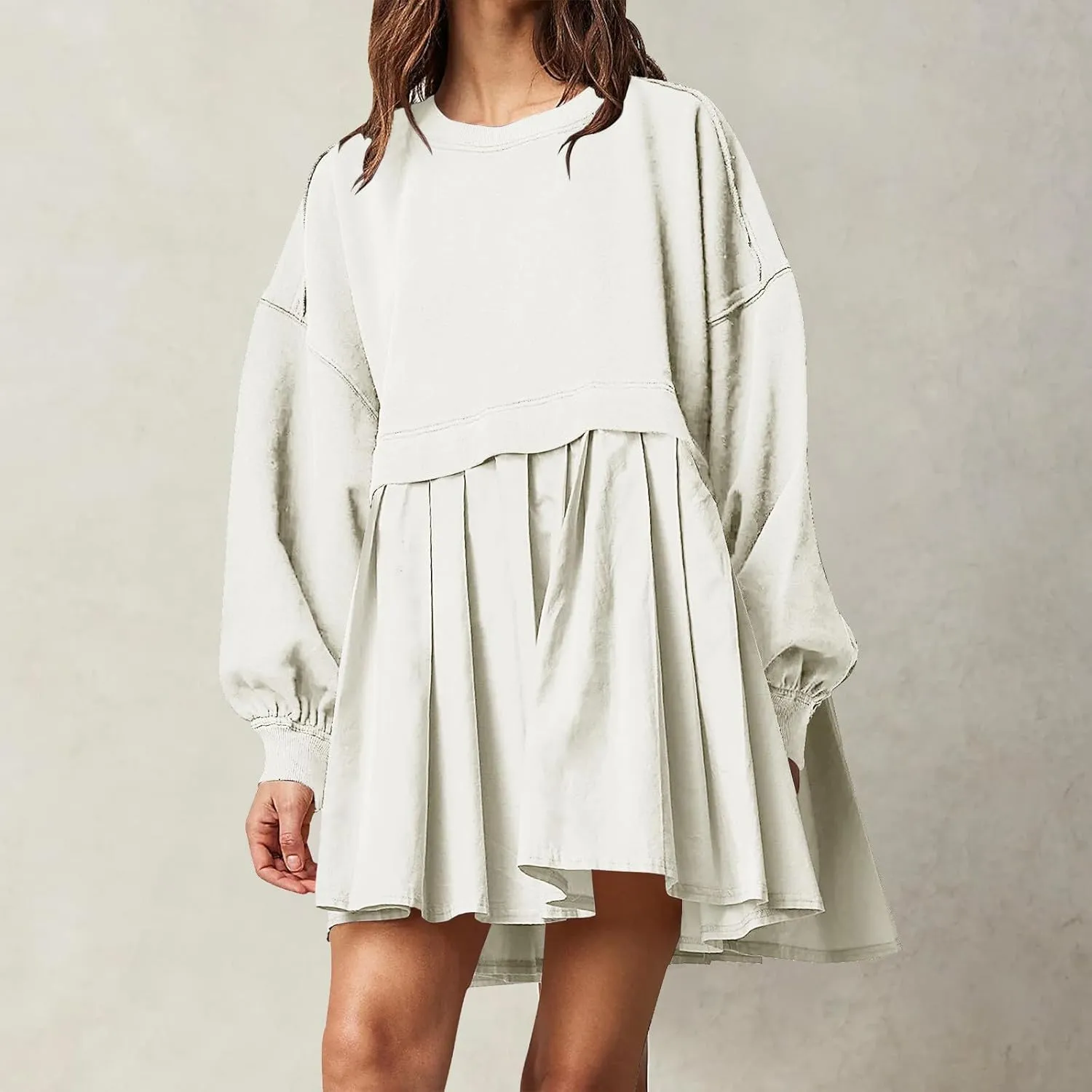 Women Oversized Sweatshirts Dress Long Sleeve Crewneck Patchwork Pleated Pullover Top Mini Dress Fall Outfits 2024