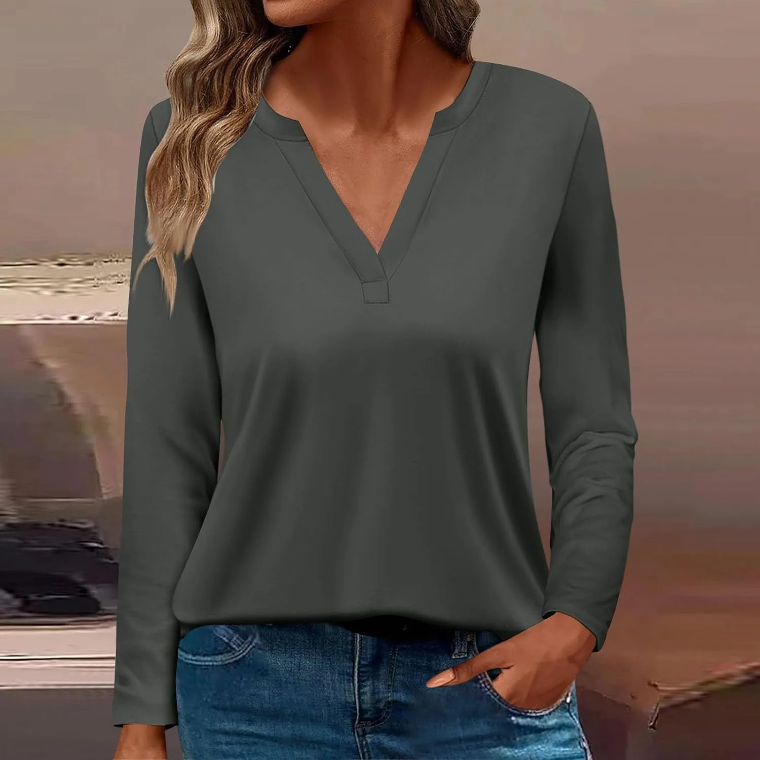 Women Pullover Tops Trendy Round-Neck Long Sleeve Tshirts Casual Loose Fit Basic Tee