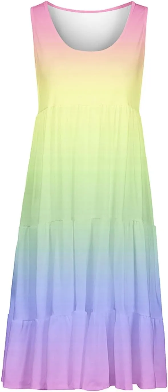 Women Ruffle Boho Tie Dye Dresses Color Block Babydoll Loose Swing Casual Beach Mini Tank Dress Plus Size Sundress