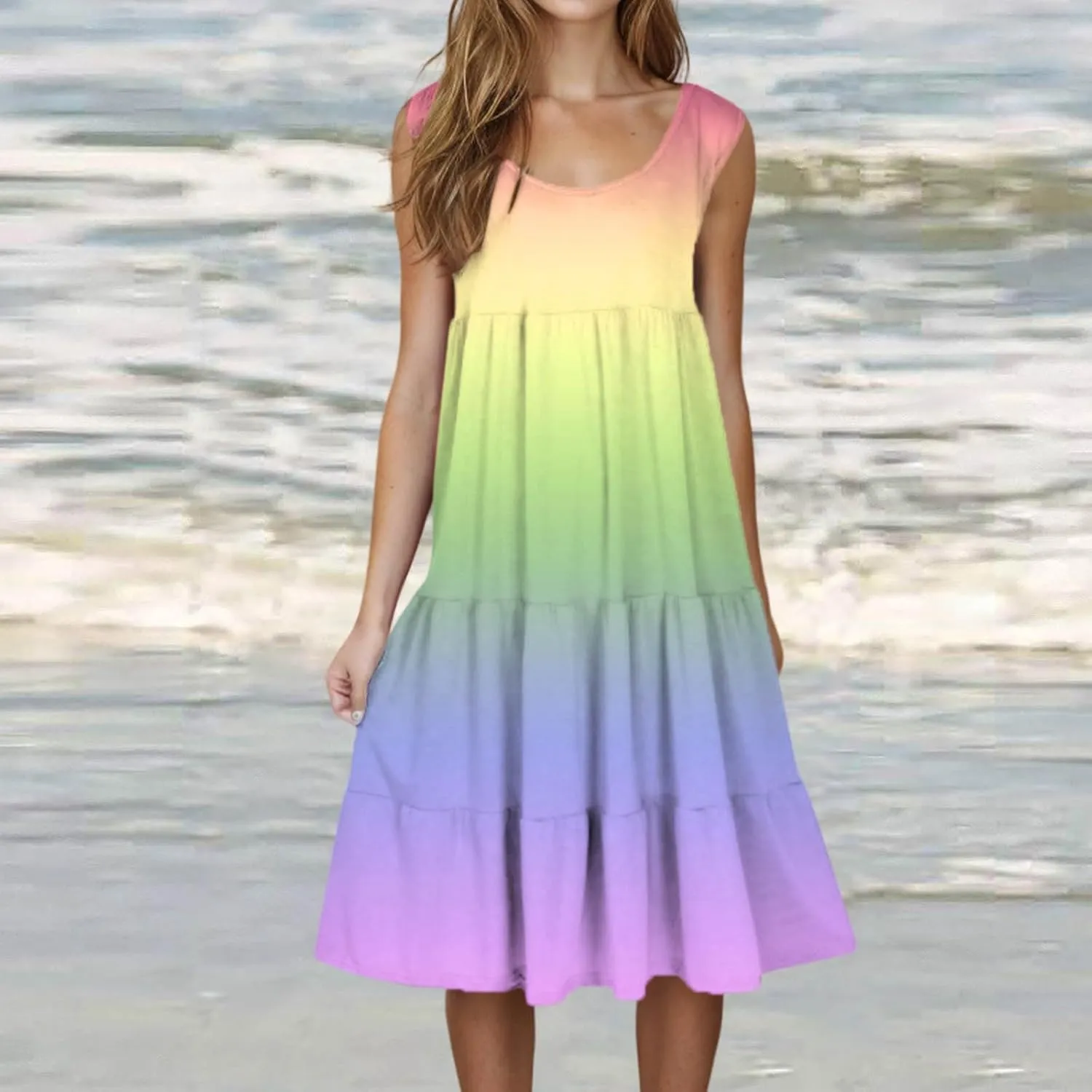 Women Ruffle Boho Tie Dye Dresses Color Block Babydoll Loose Swing Casual Beach Mini Tank Dress Plus Size Sundress