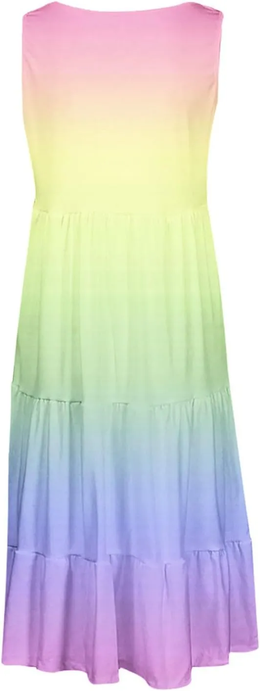 Women Ruffle Boho Tie Dye Dresses Color Block Babydoll Loose Swing Casual Beach Mini Tank Dress Plus Size Sundress