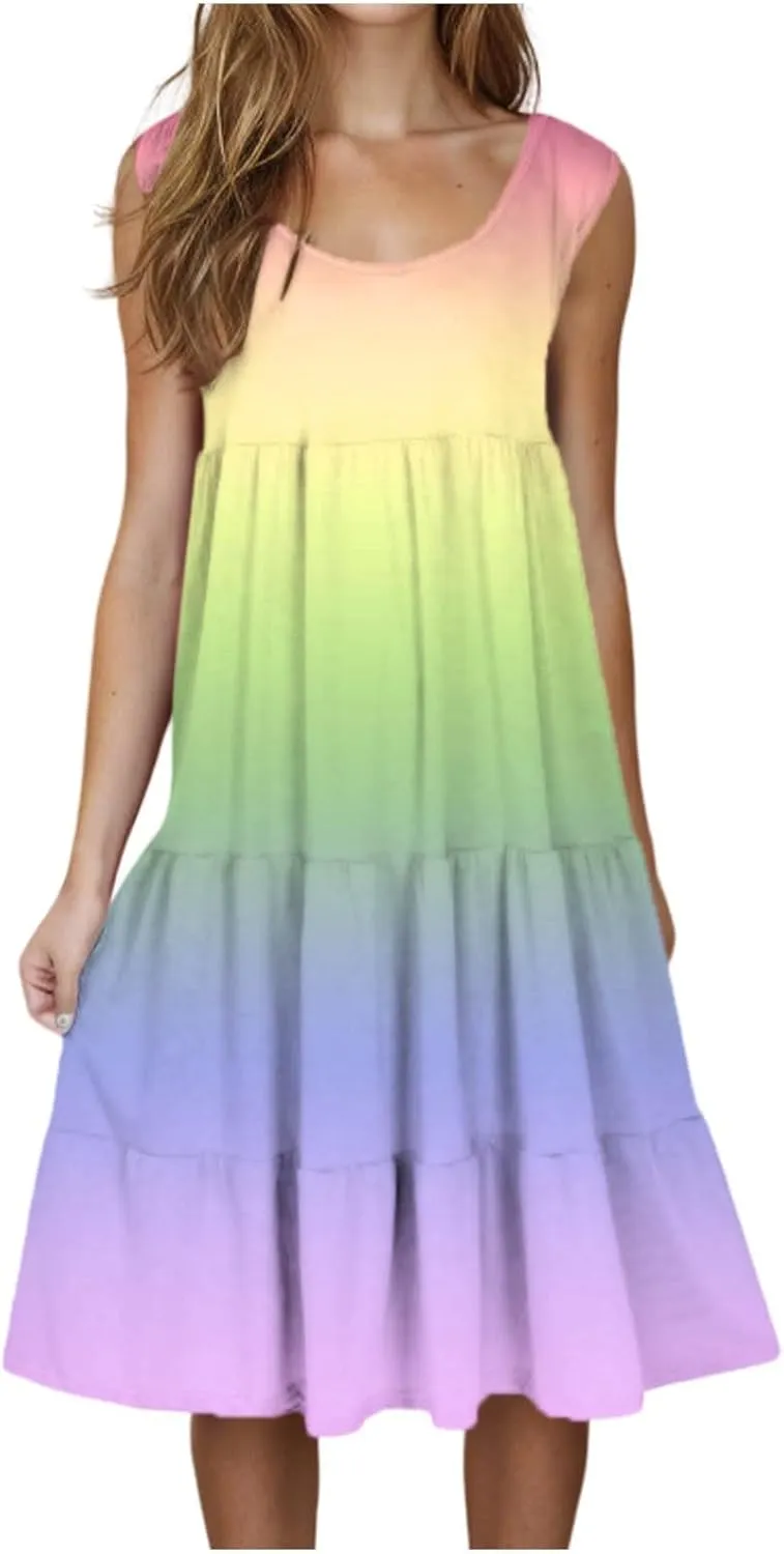 Women Ruffle Boho Tie Dye Dresses Color Block Babydoll Loose Swing Casual Beach Mini Tank Dress Plus Size Sundress