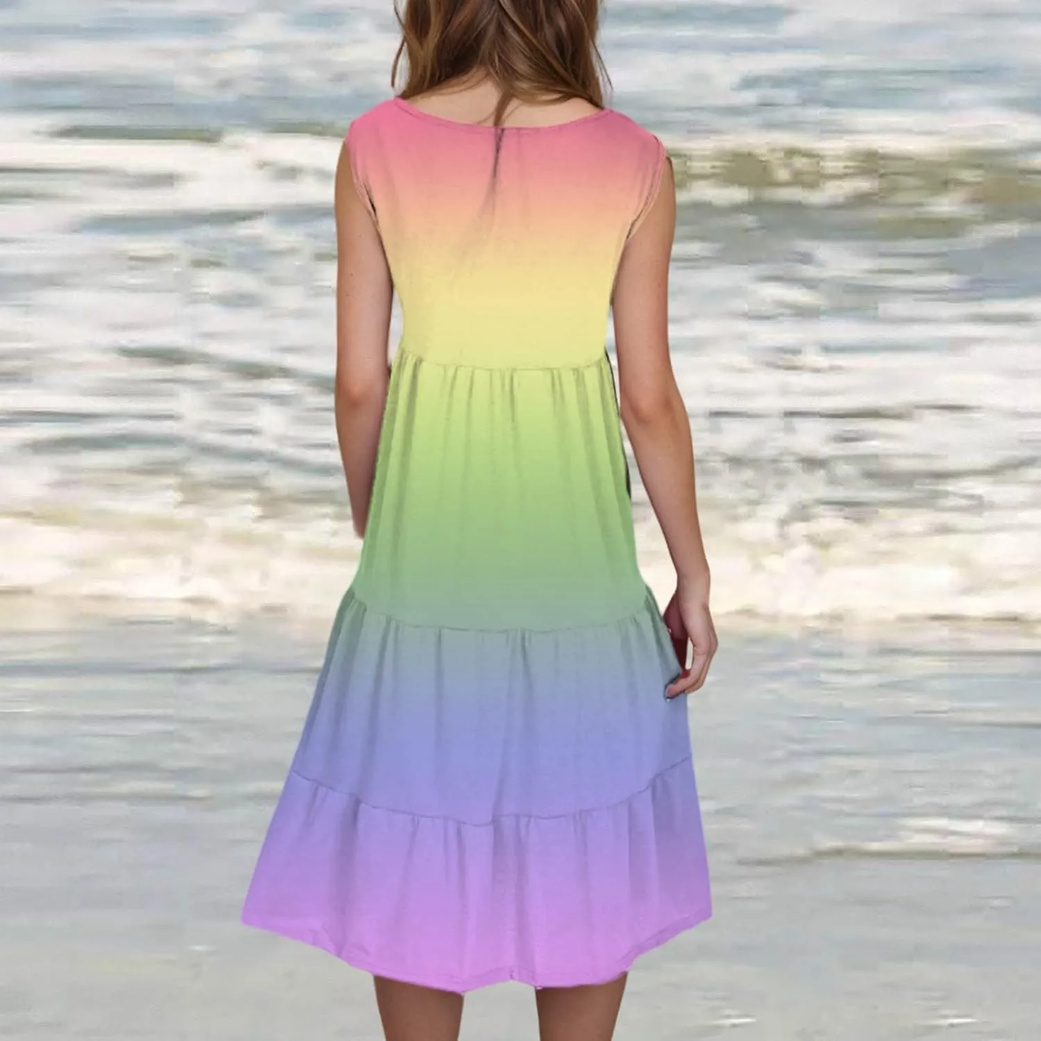 Women Ruffle Boho Tie Dye Dresses Color Block Babydoll Loose Swing Casual Beach Mini Tank Dress Plus Size Sundress