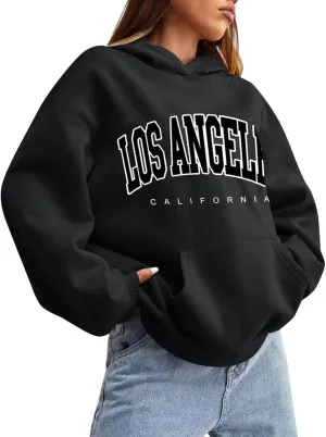 Women Solid Basic Fleece Letter Loose Hoodie Sweatshirt Long Sleeve Pocket Drop Shoulder Pullovers Top Pullover