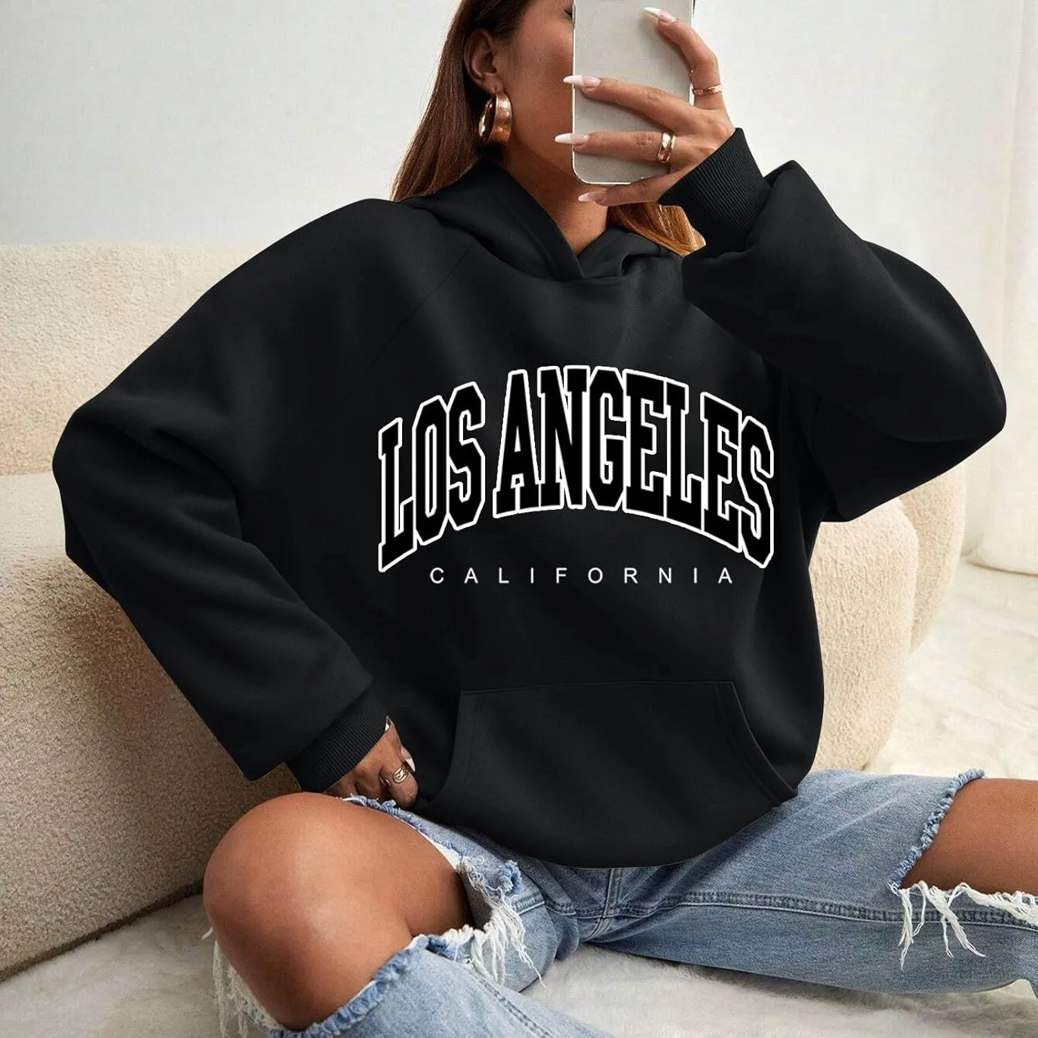 Women Solid Basic Fleece Letter Loose Hoodie Sweatshirt Long Sleeve Pocket Drop Shoulder Pullovers Top Pullover