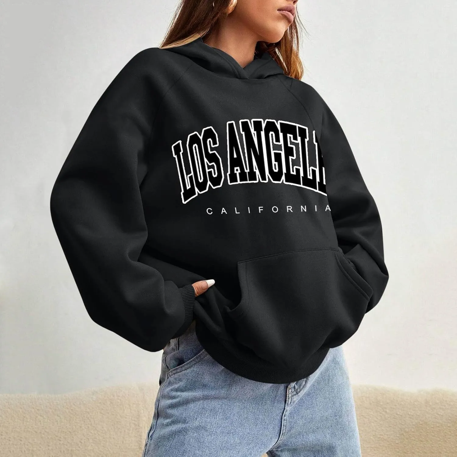 Women Solid Basic Fleece Letter Loose Hoodie Sweatshirt Long Sleeve Pocket Drop Shoulder Pullovers Top Pullover