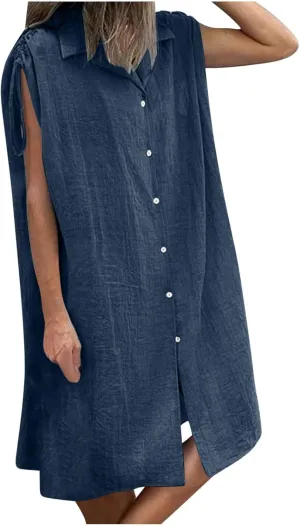 Women Summer Casual Loose Button Down Shirt Dress Tie Short Sleeve V Neck Lapel Collar Mini Dresses Beach Cover Ups