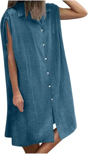 Women Summer Casual Loose Button Down Shirt Dress Tie Short Sleeve V Neck Lapel Collar Mini Dresses Beach Cover Ups