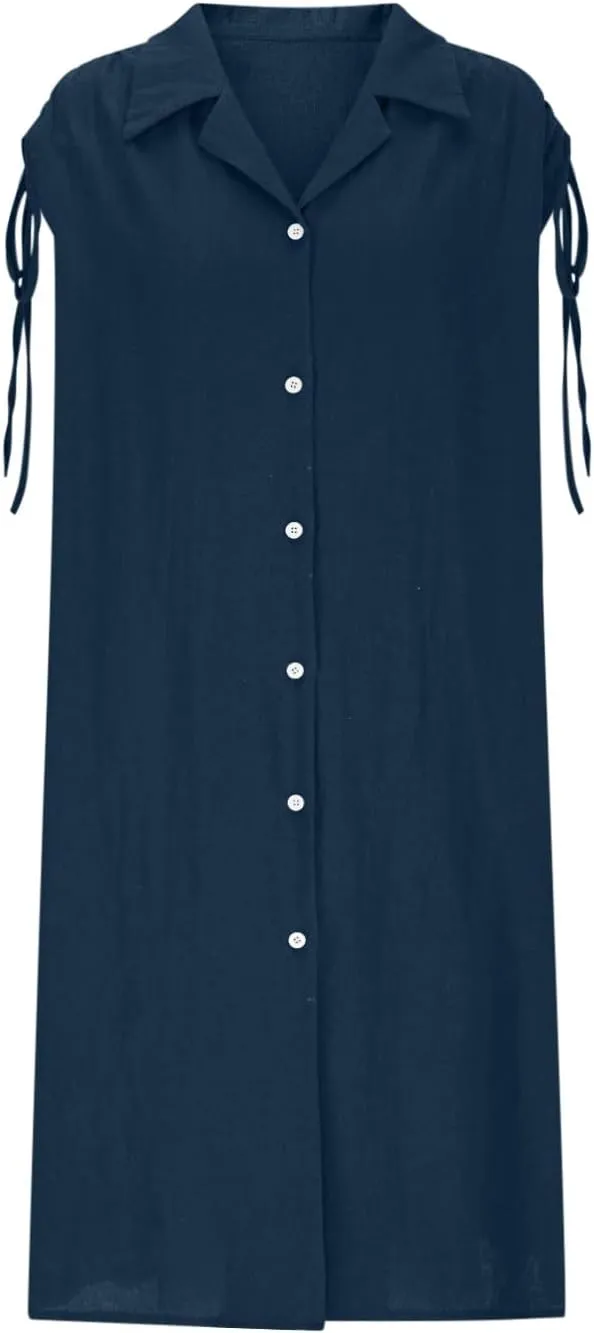 Women Summer Casual Loose Button Down Shirt Dress Tie Short Sleeve V Neck Lapel Collar Mini Dresses Beach Cover Ups
