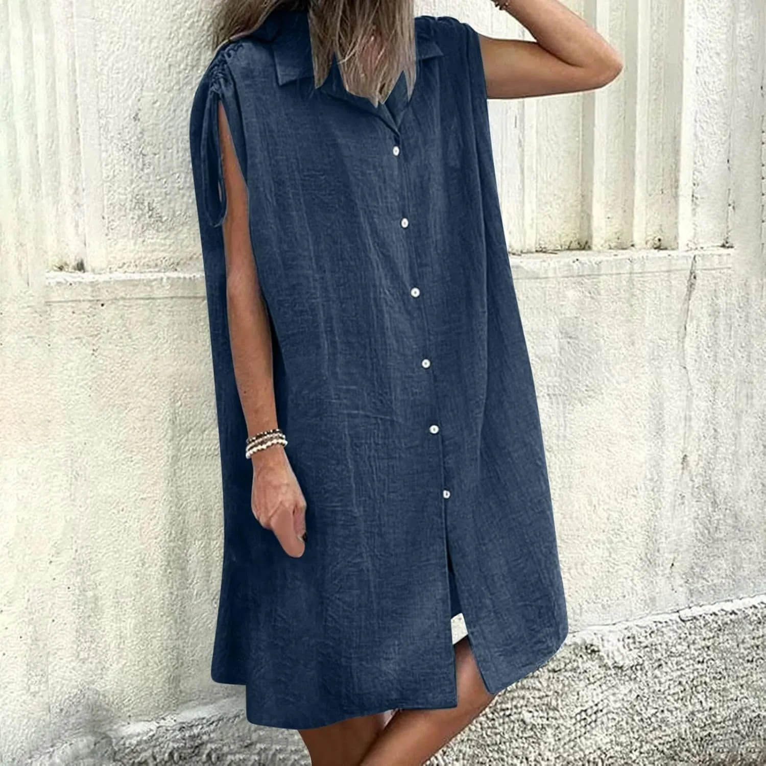 Women Summer Casual Loose Button Down Shirt Dress Tie Short Sleeve V Neck Lapel Collar Mini Dresses Beach Cover Ups