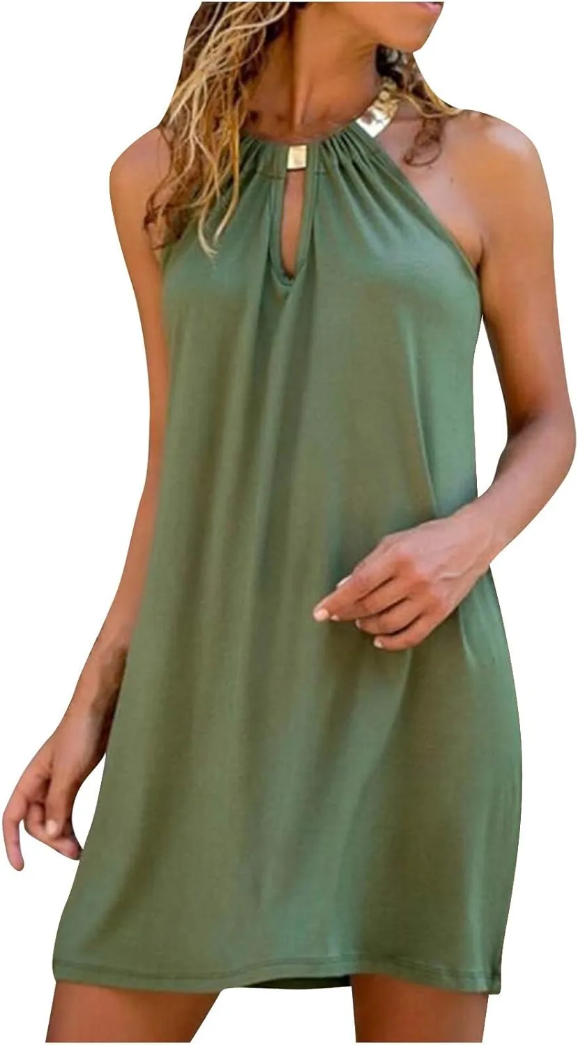 Women Summer Dresses Sleeveless Halter Neck Tank Mini Dress Hollow Out Casual Pleated Sundress A-Line Party Outfits