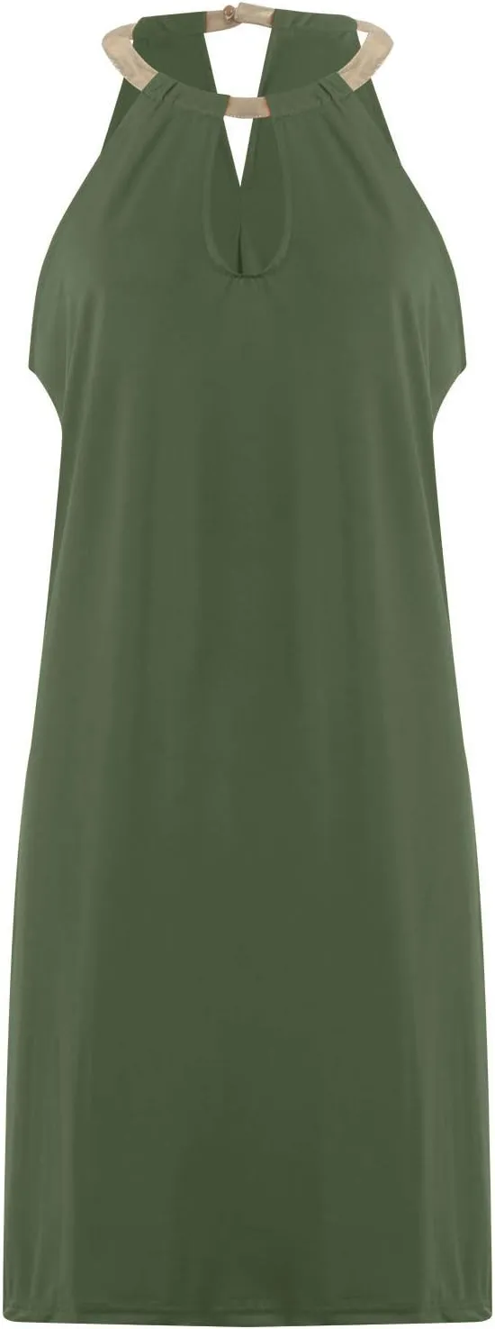 Women Summer Dresses Sleeveless Halter Neck Tank Mini Dress Hollow Out Casual Pleated Sundress A-Line Party Outfits