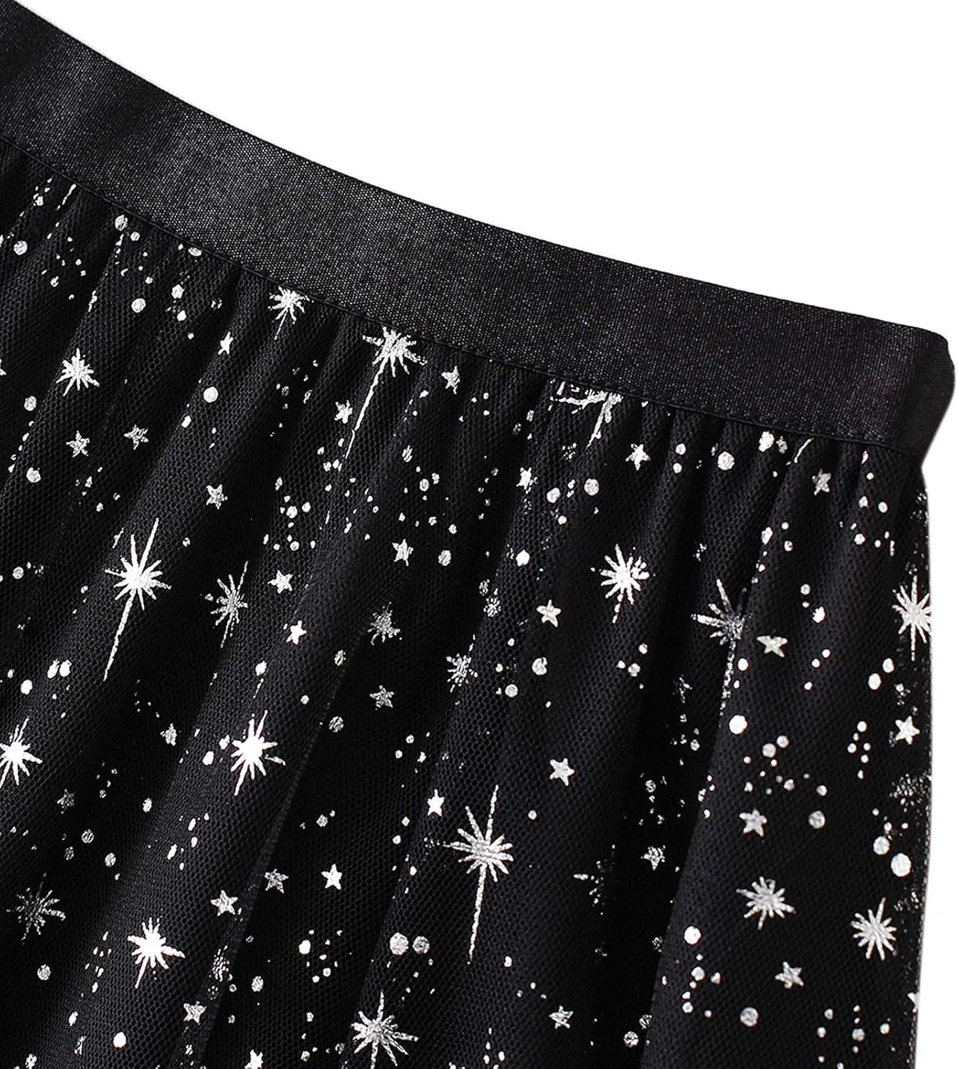Women Tutu Tulle Skirt Elastic High Waist Layered Floral Print Skirt Mesh A-Line Midi Skirt