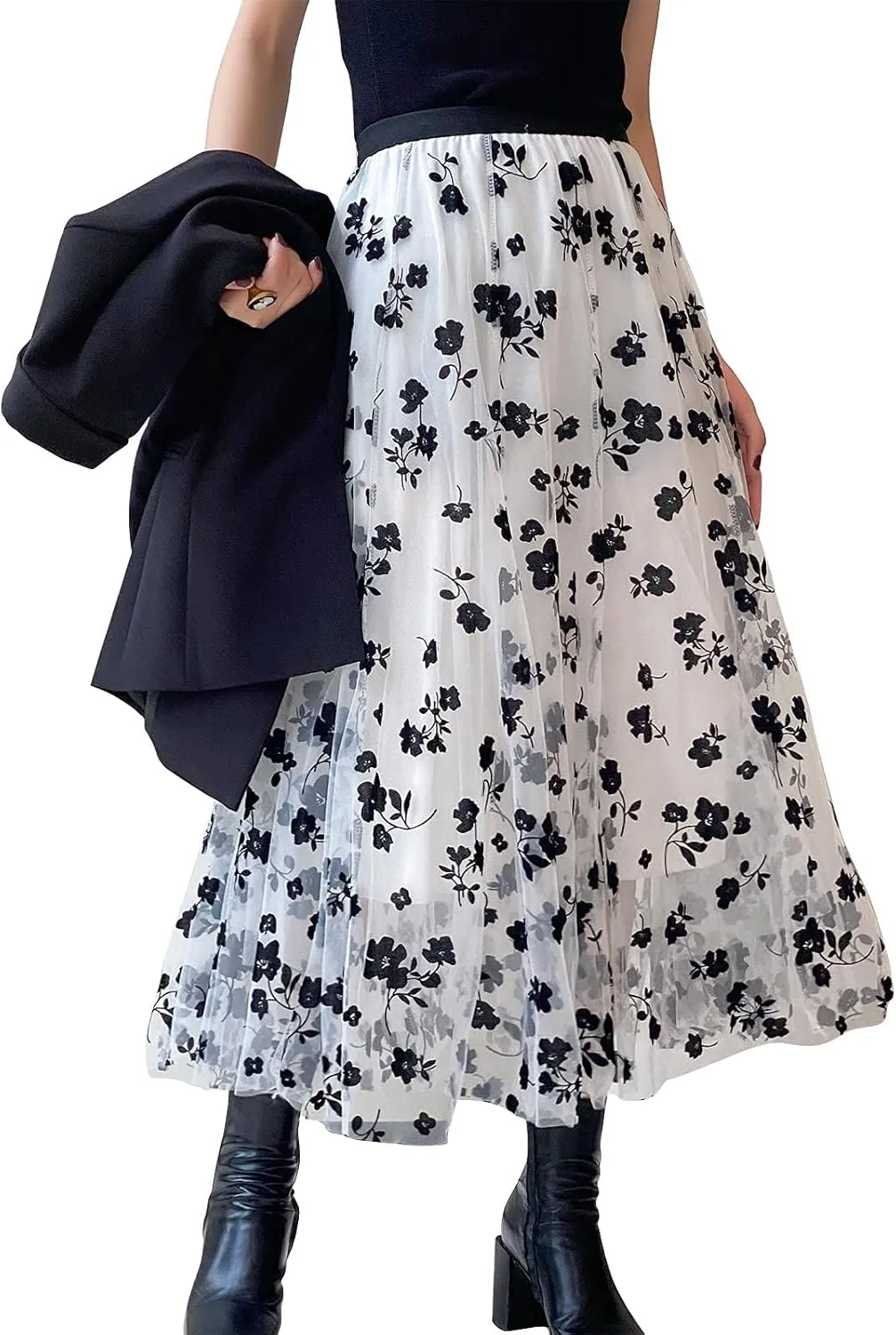 Women Tutu Tulle Skirt Elastic High Waist Layered Floral Print Skirt Mesh A-Line Midi Skirt