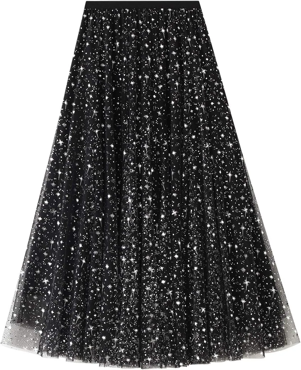 Women Tutu Tulle Skirt Elastic High Waist Layered Floral Print Skirt Mesh A-Line Midi Skirt