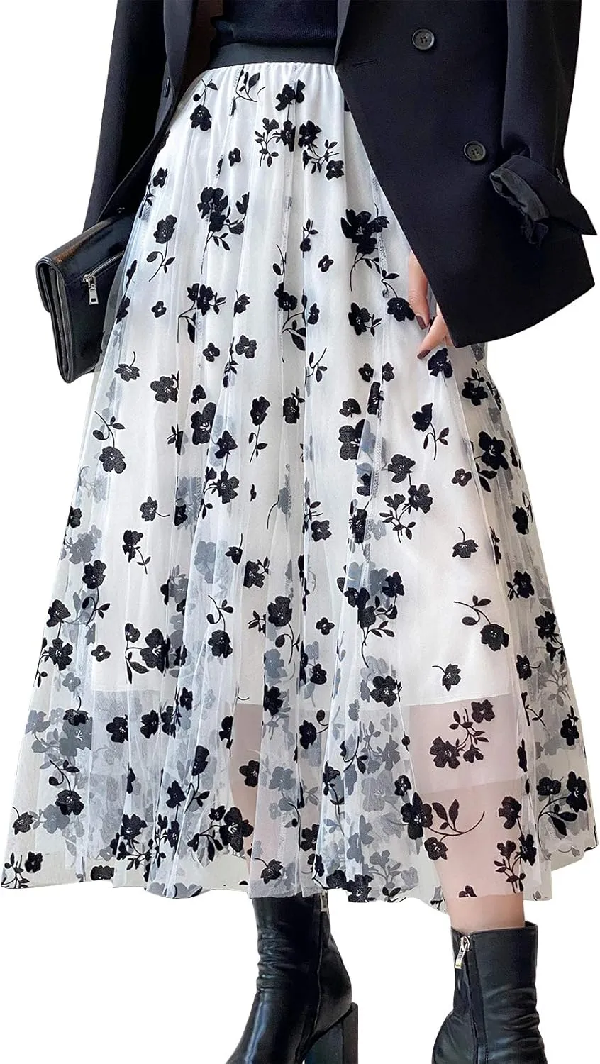 Women Tutu Tulle Skirt Elastic High Waist Layered Floral Print Skirt Mesh A-Line Midi Skirt