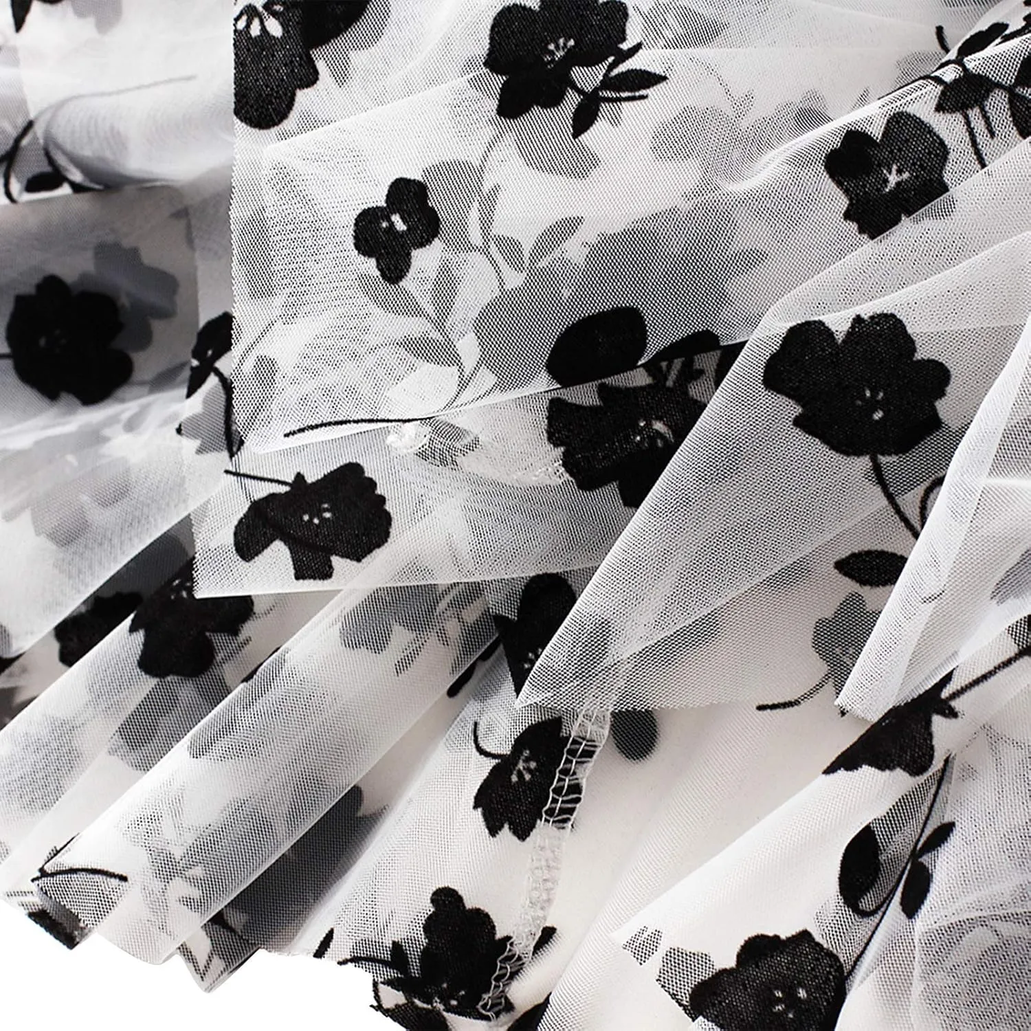 Women Tutu Tulle Skirt Elastic High Waist Layered Floral Print Skirt Mesh A-Line Midi Skirt