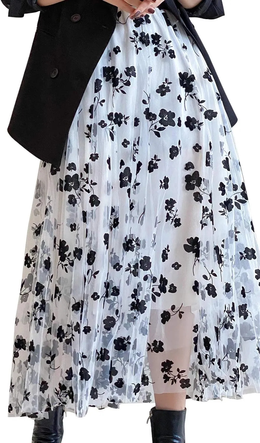 Women Tutu Tulle Skirt Elastic High Waist Layered Floral Print Skirt Mesh A-Line Midi Skirt