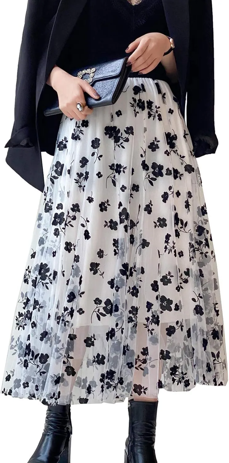 Women Tutu Tulle Skirt Elastic High Waist Layered Floral Print Skirt Mesh A-Line Midi Skirt