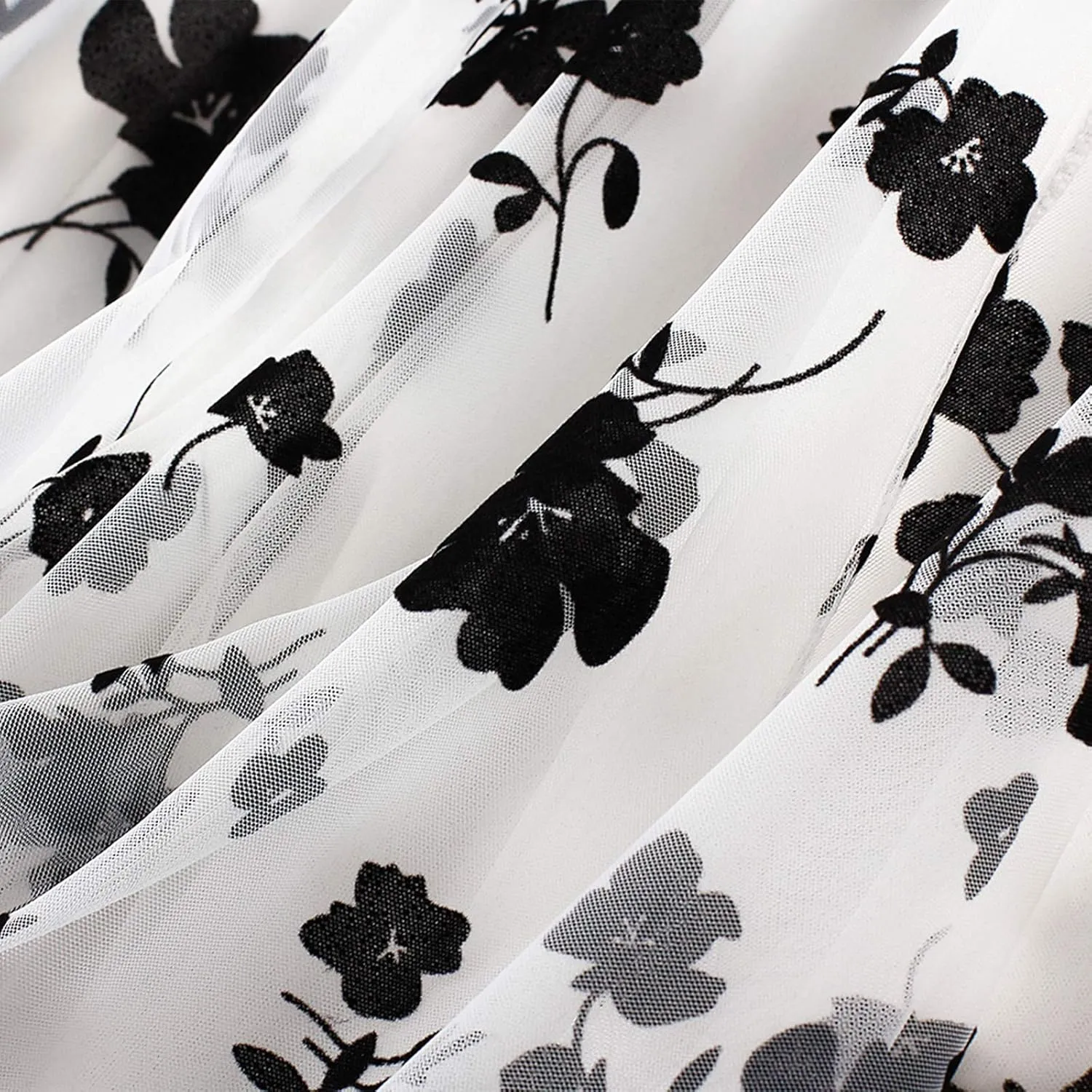 Women Tutu Tulle Skirt Elastic High Waist Layered Floral Print Skirt Mesh A-Line Midi Skirt