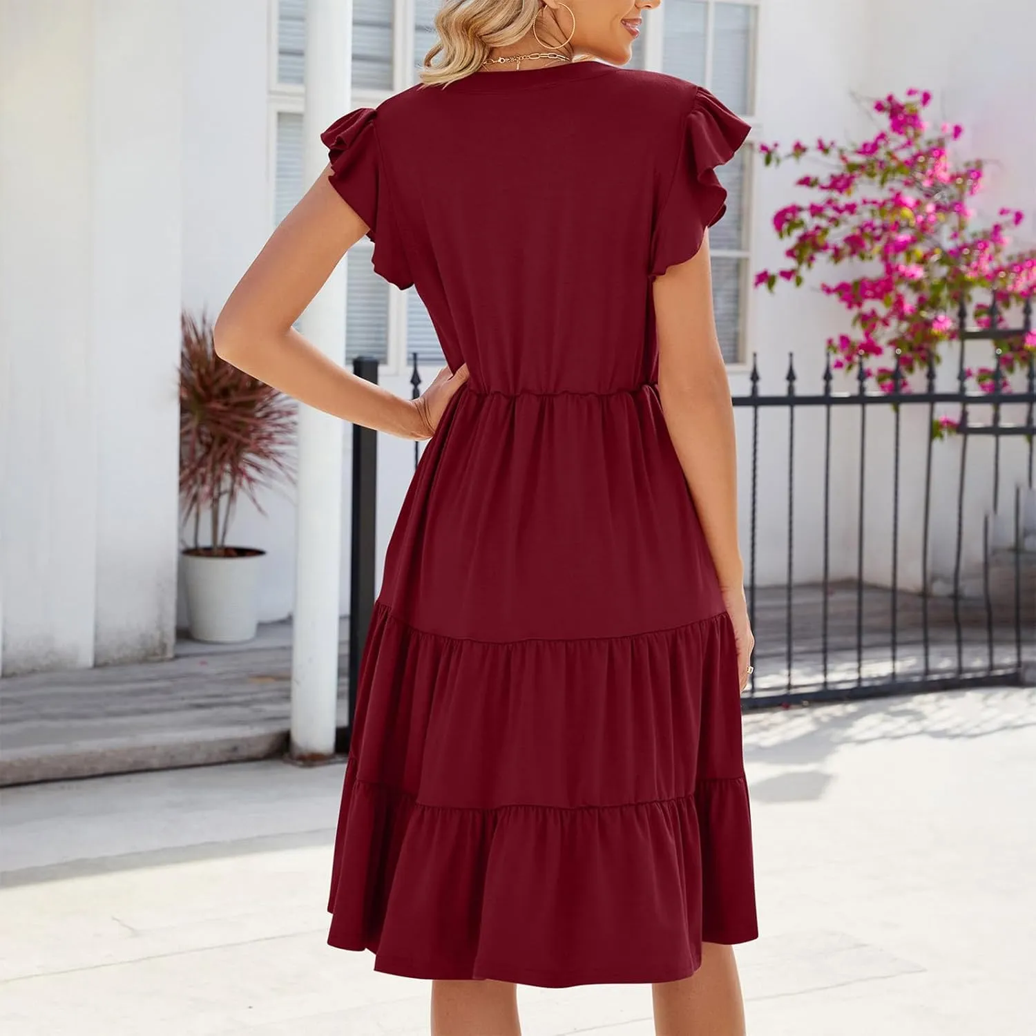 Women V Neck Summer Dresses Classy A-Line Ruffle Sundress Cap Sleeve Casual Midi Dress 2024 Vacation Sundresses