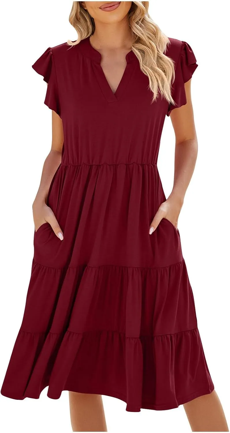 Women V Neck Summer Dresses Classy A-Line Ruffle Sundress Cap Sleeve Casual Midi Dress 2024 Vacation Sundresses