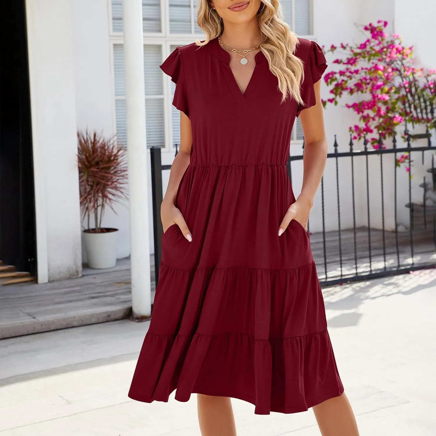 Women V Neck Summer Dresses Classy A-Line Ruffle Sundress Cap Sleeve Casual Midi Dress 2024 Vacation Sundresses