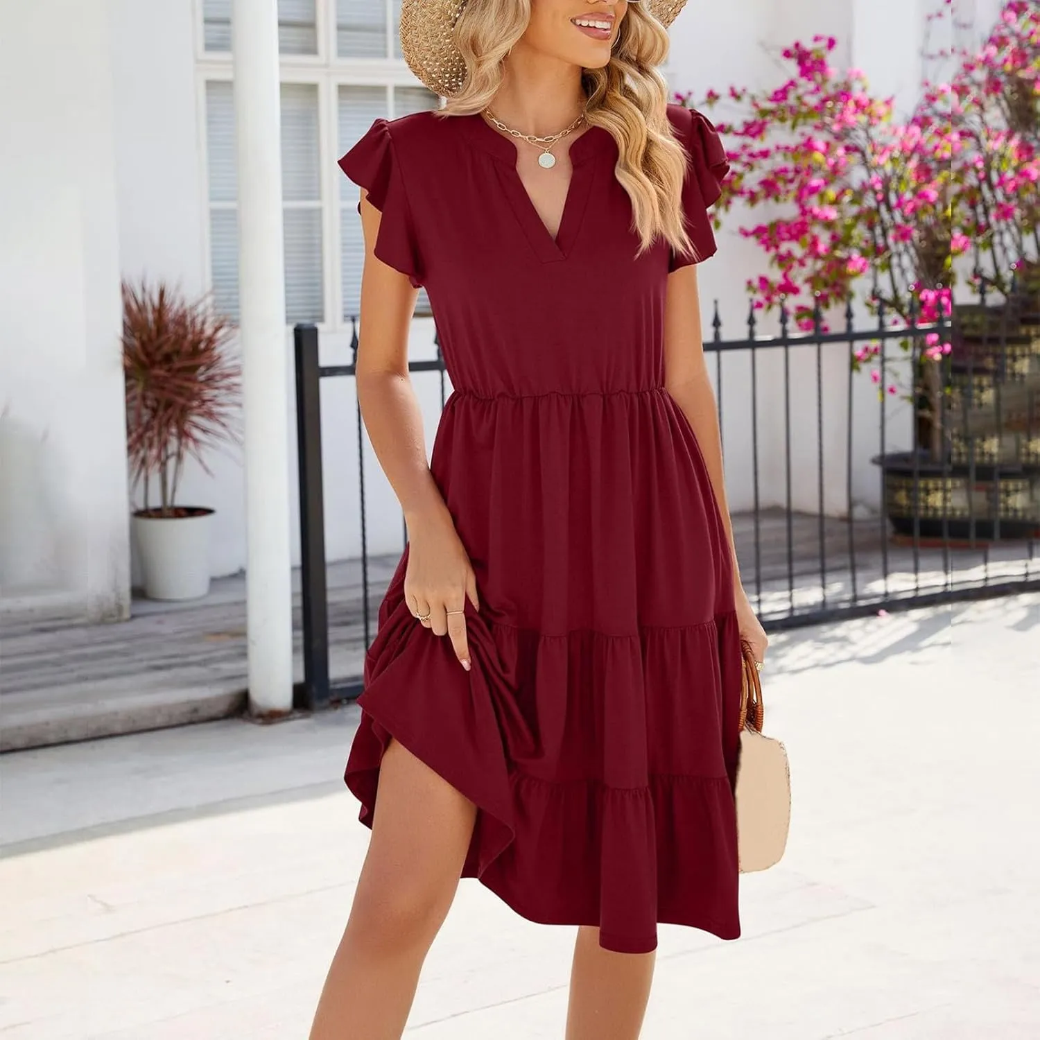 Women V Neck Summer Dresses Classy A-Line Ruffle Sundress Cap Sleeve Casual Midi Dress 2024 Vacation Sundresses