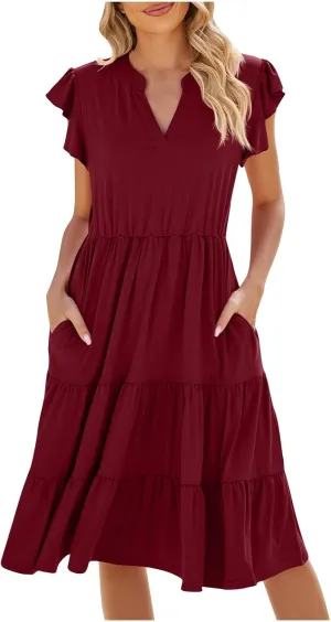 Women V Neck Summer Dresses Classy A-Line Ruffle Sundress Cap Sleeve Casual Midi Dress 2024 Vacation Sundresses
