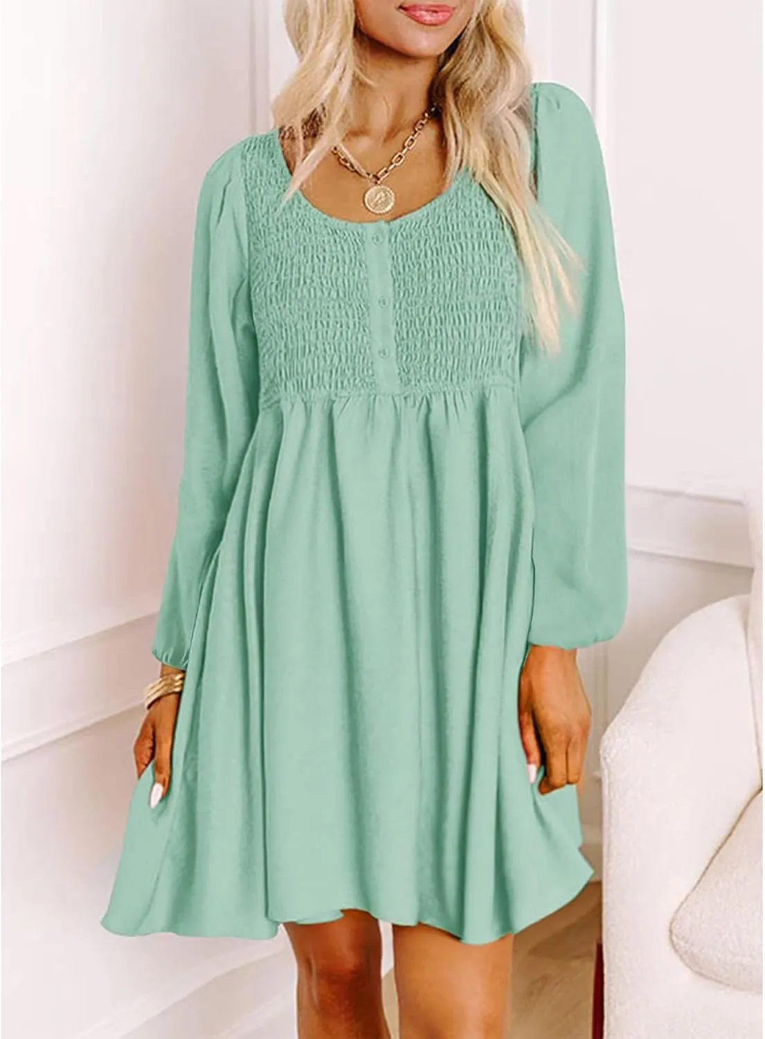 Womens 2024 Casual Dress Smocked Crewneck Button Up Long Sleeve Dresses Pleated Ruffle Flowy A-Line Waist Mini Dress