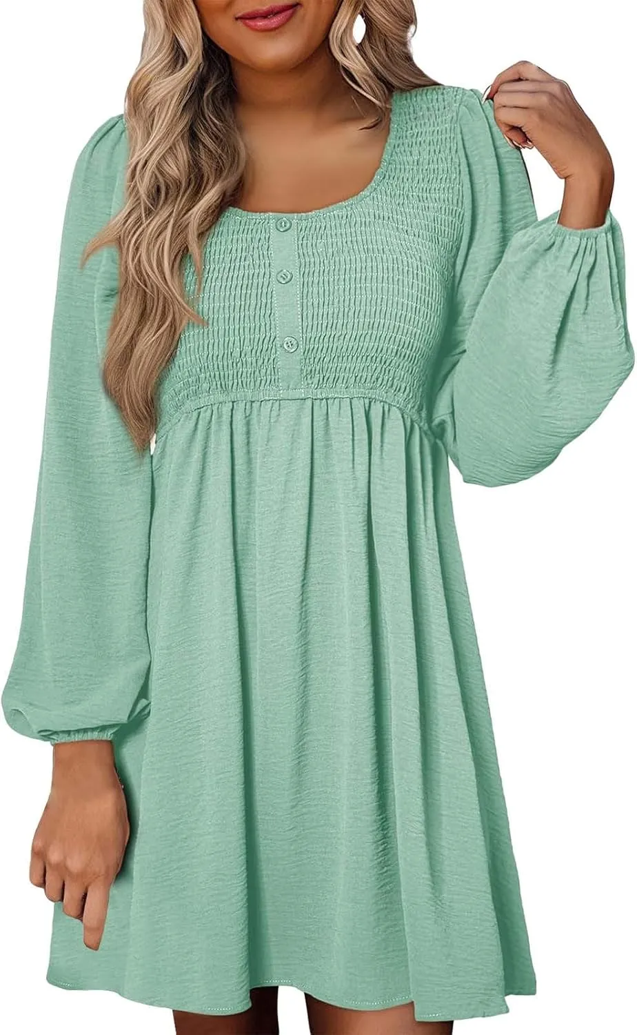 Womens 2024 Casual Dress Smocked Crewneck Button Up Long Sleeve Dresses Pleated Ruffle Flowy A-Line Waist Mini Dress