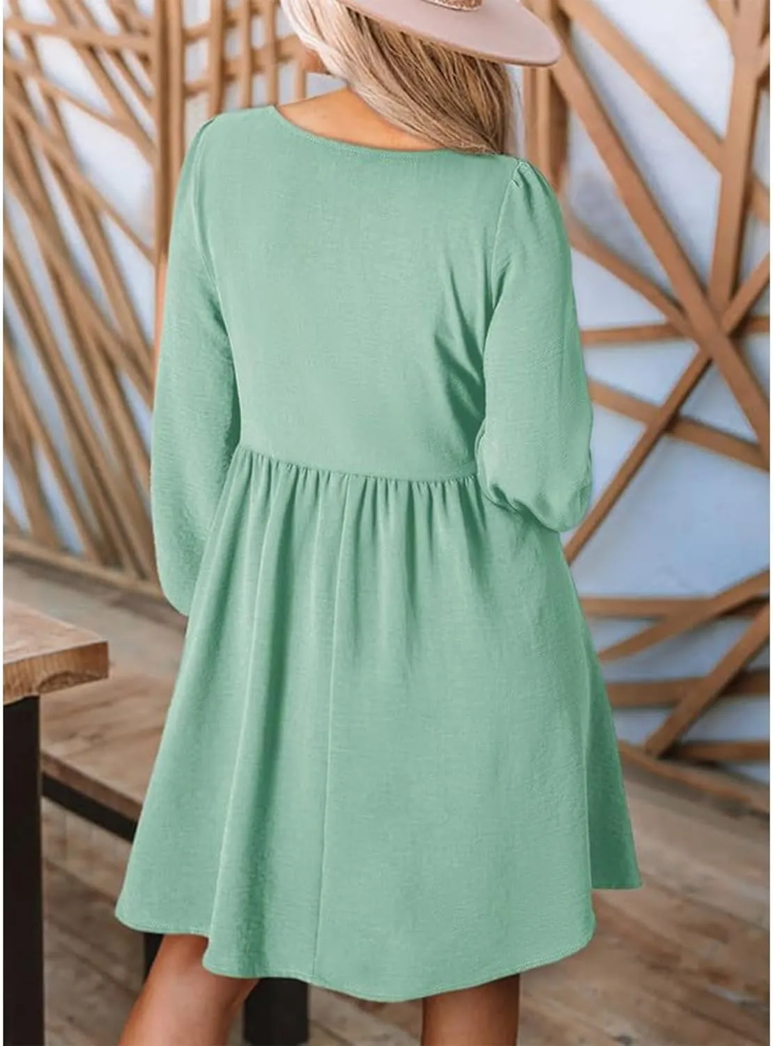 Womens 2024 Casual Dress Smocked Crewneck Button Up Long Sleeve Dresses Pleated Ruffle Flowy A-Line Waist Mini Dress