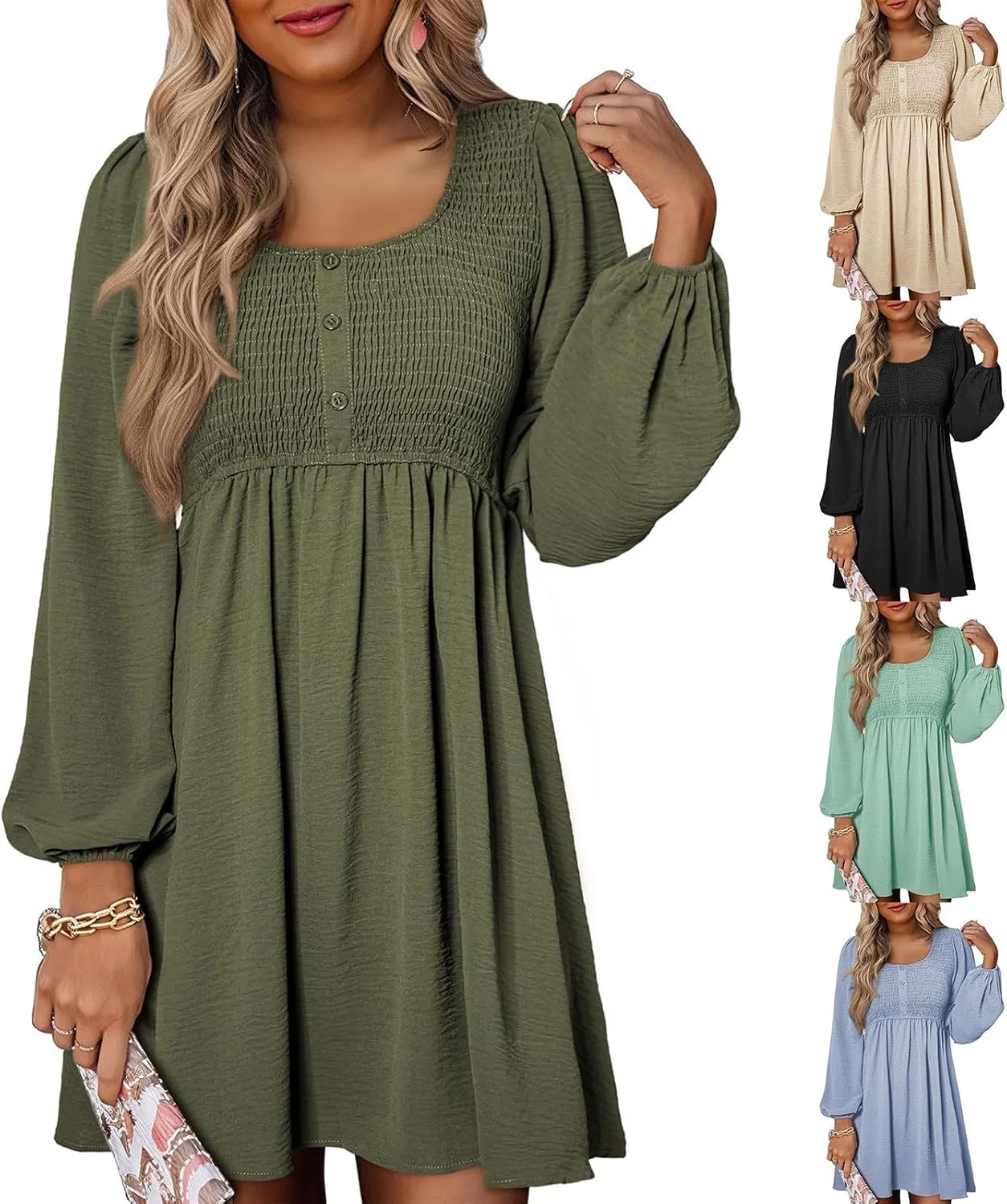 Womens 2024 Casual Dress Smocked Crewneck Button Up Long Sleeve Dresses Pleated Ruffle Flowy A-Line Waist Mini Dress