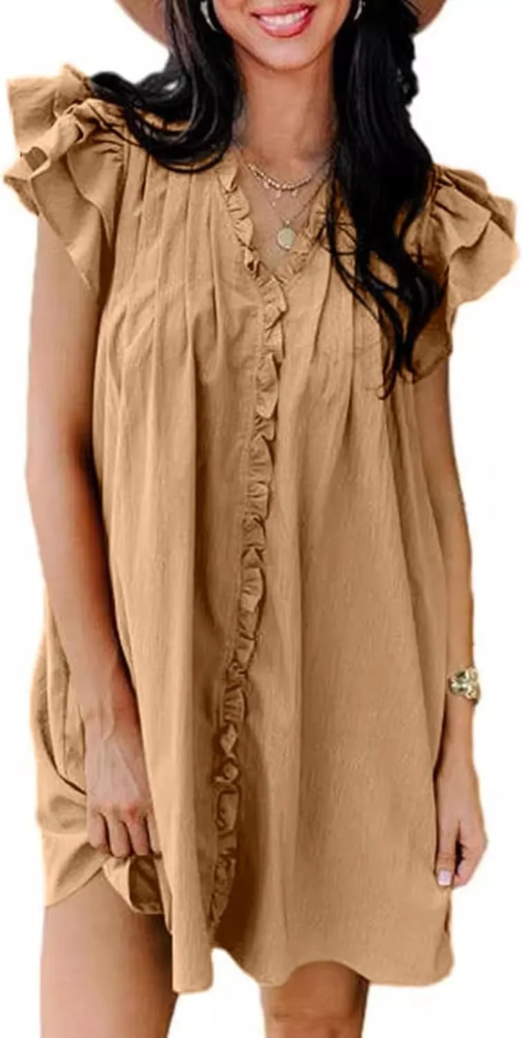 Womens 2024 Summer T-Shirts Dresses Casual V-Neck Ruffle Cap Short Sleeve Mini Dress Loose Pleated Beach Sundress