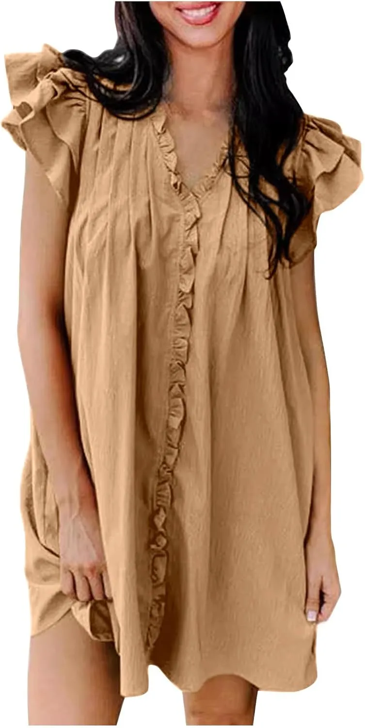Womens 2024 Summer T-Shirts Dresses Casual V-Neck Ruffle Cap Short Sleeve Mini Dress Loose Pleated Beach Sundress