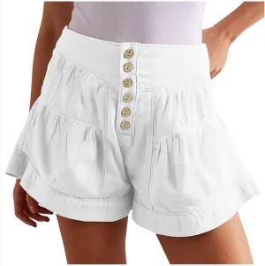 Women's 2025 Fashion Shorts Summer High Waist Flowy Wide Leg Buttons Pleated Short Pants Casual Loose Pleated Shorts