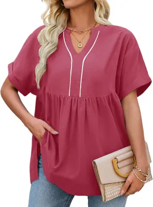 Womens Babydoll Tops V Neck Short Sleeve T Shirt Casual Cute Peplum Oversized Tunic Loose Fit Shirts