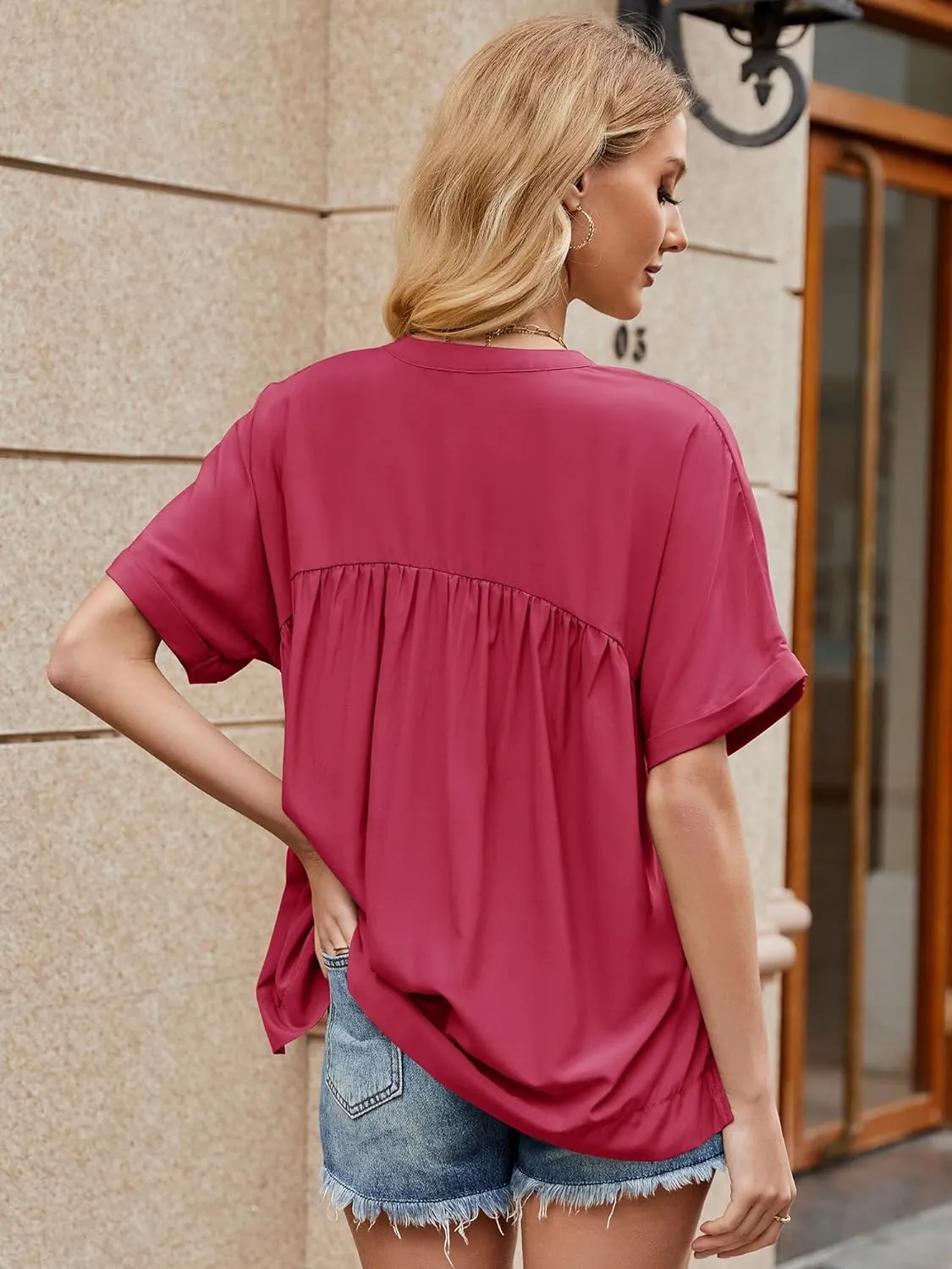 Womens Babydoll Tops V Neck Short Sleeve T Shirt Casual Cute Peplum Oversized Tunic Loose Fit Shirts