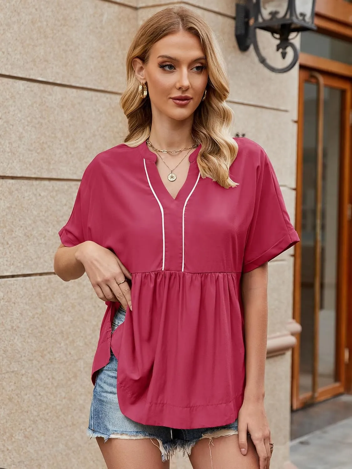Womens Babydoll Tops V Neck Short Sleeve T Shirt Casual Cute Peplum Oversized Tunic Loose Fit Shirts