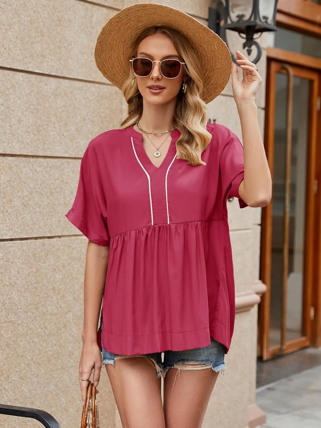 Womens Babydoll Tops V Neck Short Sleeve T Shirt Casual Cute Peplum Oversized Tunic Loose Fit Shirts