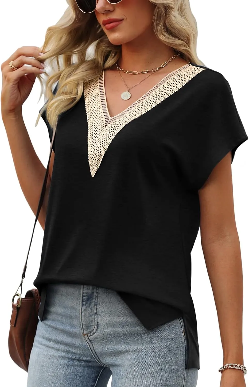 Womens Cap Sleeve Summer Tops 2025 Trendy Tank Tops Lace V Neck Loose Fit Shirts