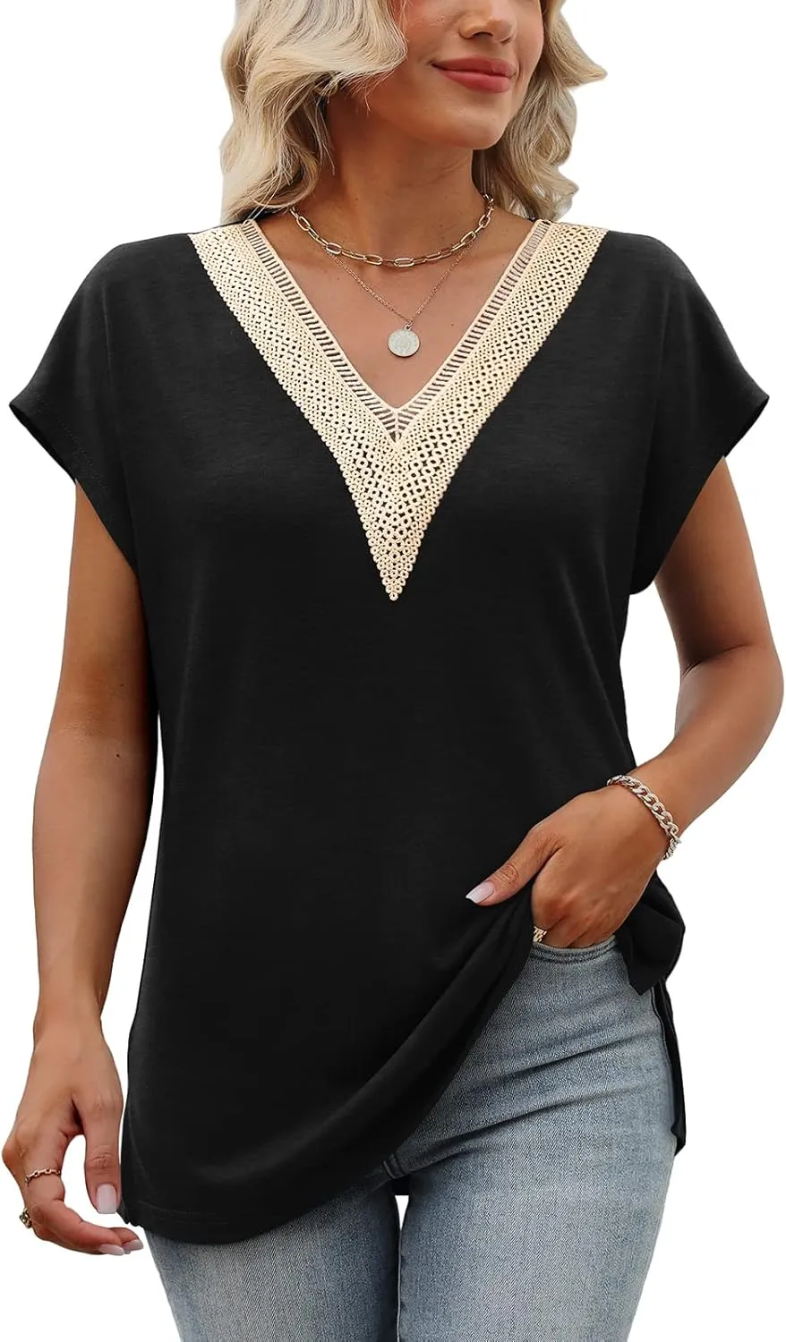 Womens Cap Sleeve Summer Tops 2025 Trendy Tank Tops Lace V Neck Loose Fit Shirts