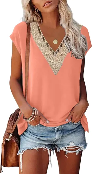 Womens Cap Sleeve Summer Tops 2025 Trendy Tank Tops Lace V Neck Loose Fit Shirts