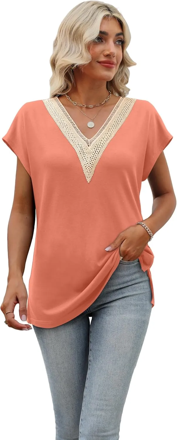 Womens Cap Sleeve Summer Tops 2025 Trendy Tank Tops Lace V Neck Loose Fit Shirts