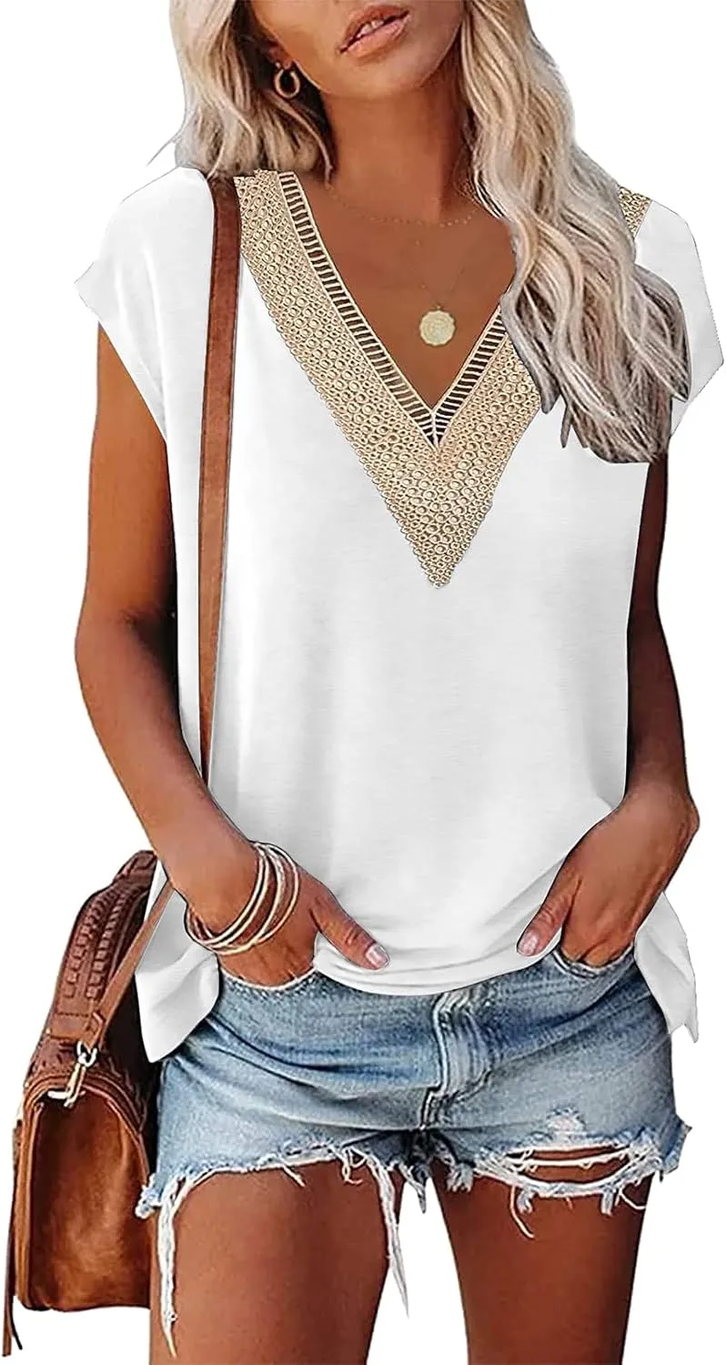 Womens Cap Sleeve Summer Tops 2025 Trendy Tank Tops Lace V Neck Loose Fit Shirts