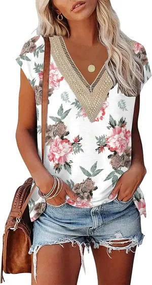 Womens Cap Sleeve Summer Tops 2025 Trendy Tank Tops Lace V Neck Loose Fit Shirts