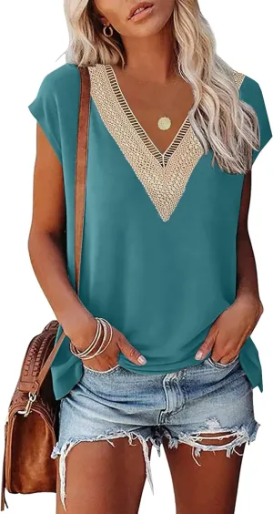 Womens Cap Sleeve Summer Tops 2025 Trendy Tank Tops Lace V Neck Loose Fit Shirts