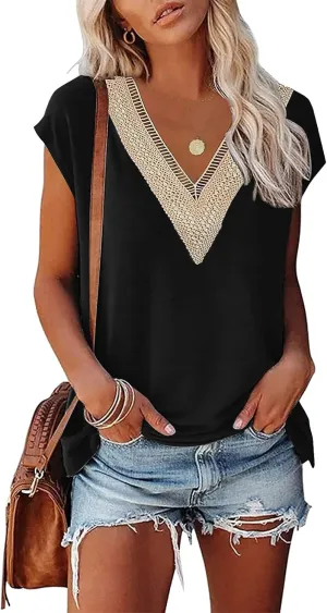 Womens Cap Sleeve Summer Tops 2025 Trendy Tank Tops Lace V Neck Loose Fit Shirts